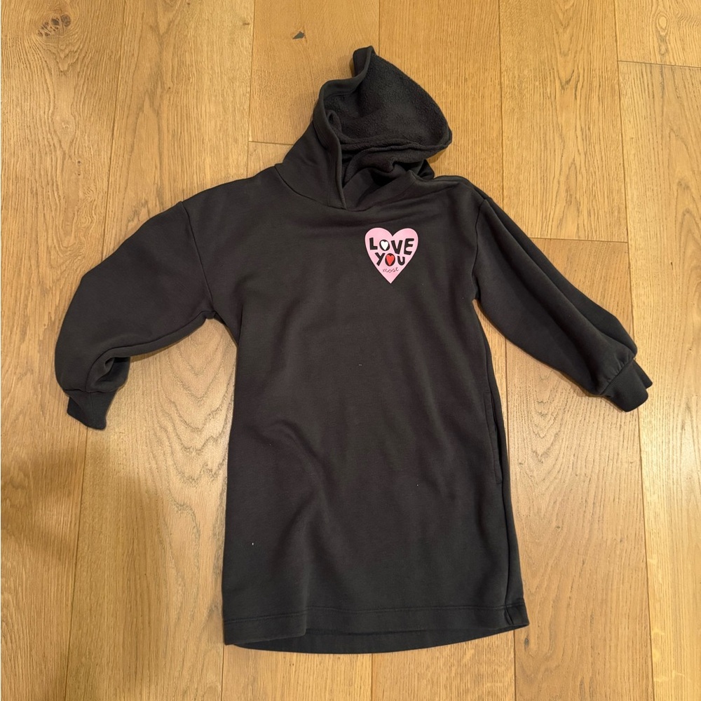 Dark Gray Kids Tunic Dress Hoodie with Pink Heart Design